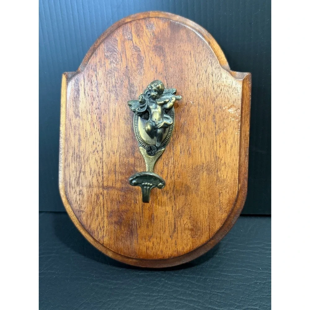 Vintage Brass Cherub Wall Hook Plaque Violin Angel Key Hanger Hollywood Regency